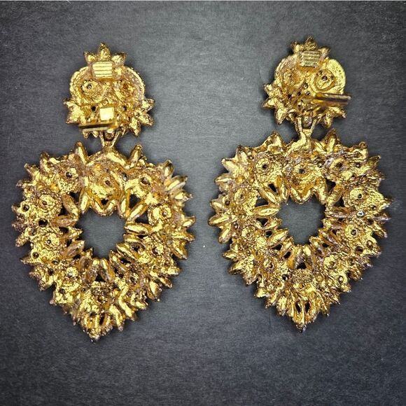 Vintage Thelma Deutsch Signed Large Rhinestone Open Heart Clip Dangle Earrings - Picture 11 of 12